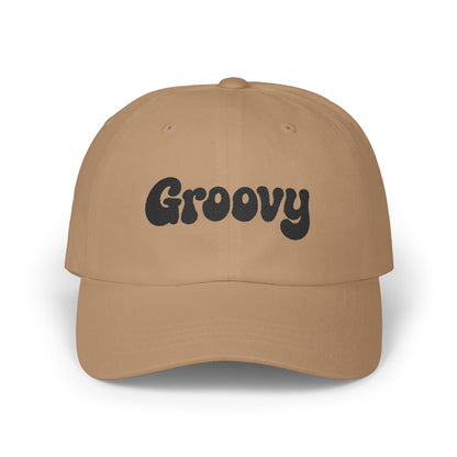 Groovy Classic Dad Hat – Retro Embroidered Hat with 70s Style Font for Funky Vibes, Chill Days, and Vintage Cool. Black Letters