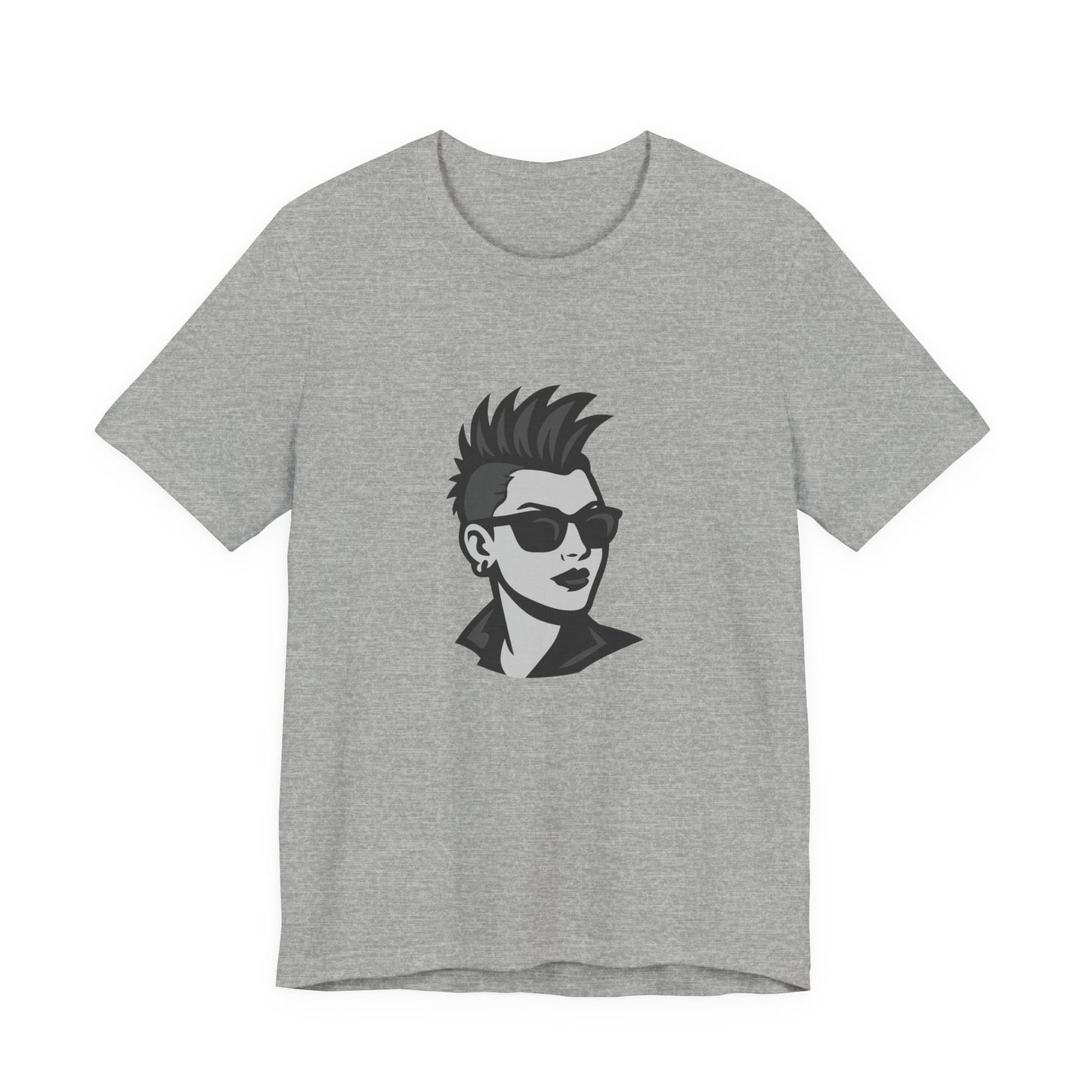 Punk Girl Graphic T-Shirt – Dark Theme Grayscale Spiked Hair Portrait on Black Tee with Bold Energy and Modern Ghost Effect. Unisex Jersey Short Sleeve Tee