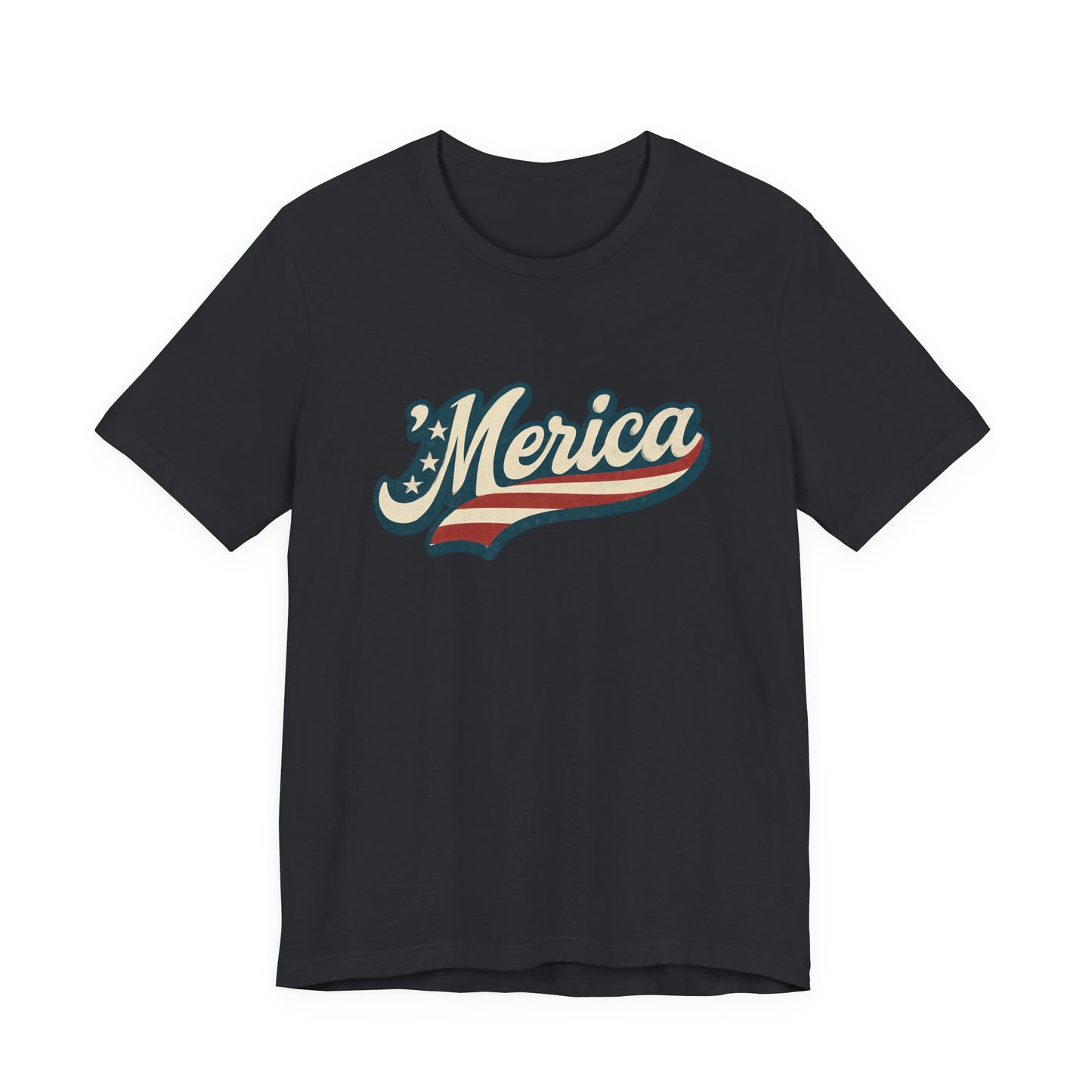 'Merica Vintage Script Shirt – Patriotic Retro USA Tee for 4th of July – Independence Day American Pride Design. Unisex Jersey Short Sleeve Tee