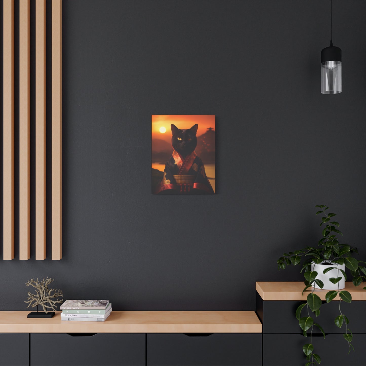 Zen Whiskers: Geisha Cat at Sunset Canvas Art | Stretched Matte Wall Decor 002