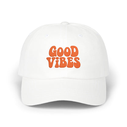 Good Vibes Classic Dad Hat – Embroidered Retro Text Hat for Positive Vibes, Chill Style, and Everyday Feel-Good Energy. Orange Letters