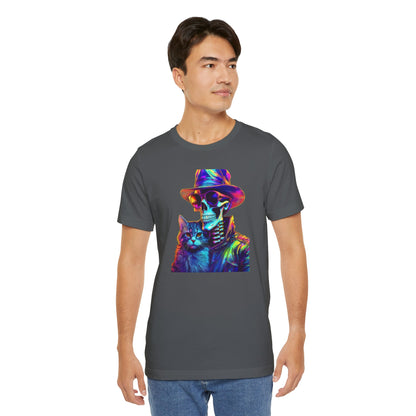 Cool Skeleton and Cat Halloween Shirt – Neon Retro Horror Graphic Tee for Spooky Style and Cat Lovers
