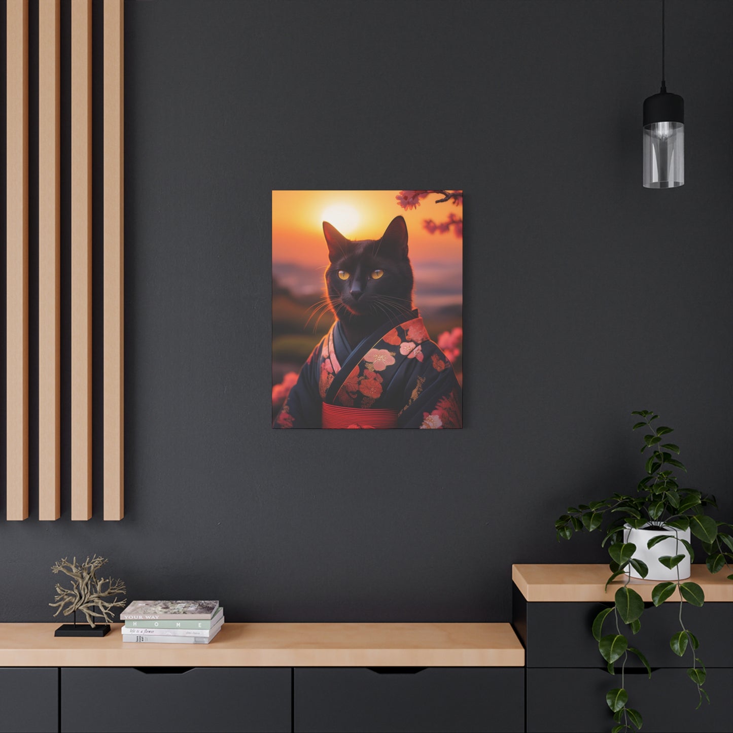 Zen Whiskers: Geisha Cat at Sunset Canvas Art | Stretched Matte Wall Decor 001