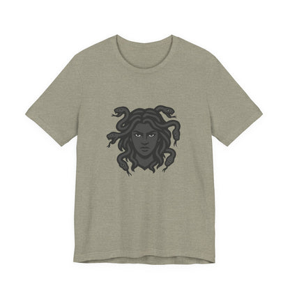 Medusa Graphic T-Shirt – Dark Theme Grayscale Snake-Haired Gorgon Design on Black Tee with Dark Myth Vibe and Modern Ghost Effect. Unisex Jersey Short Sleeve Tee