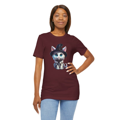 Adorable Witch Cat Halloween Shirt – Cute White Cat in Hat Graphic Tee for Cat Lovers and Halloween Fans