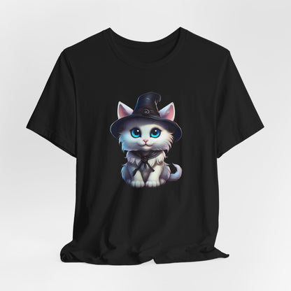 Adorable Witch Cat Halloween Shirt – Cute White Cat in Hat Graphic Tee for Cat Lovers and Halloween Fans