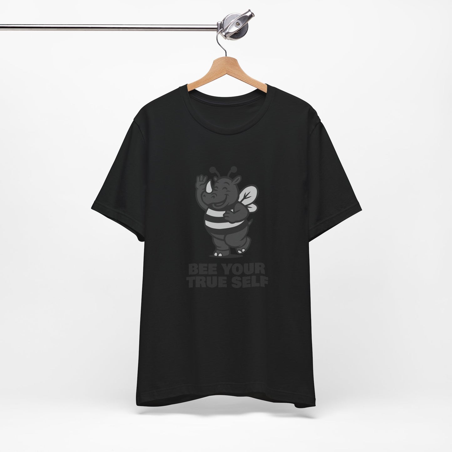 Bee Your True Self T-Shirt – Dark Theme Grayscale Rhino in Bee Costume on Black Tee with Wholesome Humor and Self-Expression Message. Unisex Jersey Short Sleeve Tee