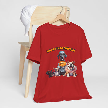 Happy Halloween Pet Parade Shirt – Cute Halloween Dogs and Cat in Costumes. Unisex Jersey Short Sleeve Tee