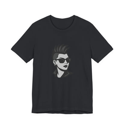Punk Girl Graphic T-Shirt – Dark Theme Grayscale Spiked Hair Portrait on Black Tee with Bold Energy and Modern Ghost Effect. Unisex Jersey Short Sleeve Tee