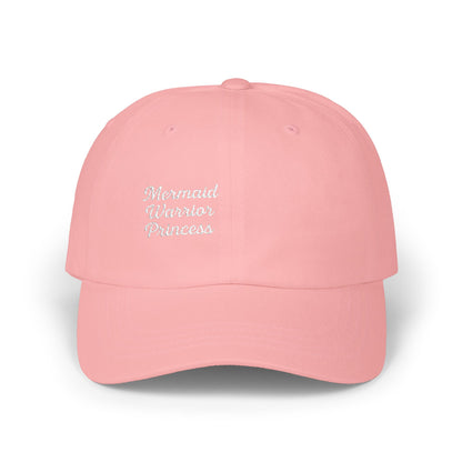 Mermaid Warrior Princess Embroidered Classic Dad Hat – Bold Text Hat for Ocean Queens, Fantasy Fans, and Fierce Beach Style, White Letters