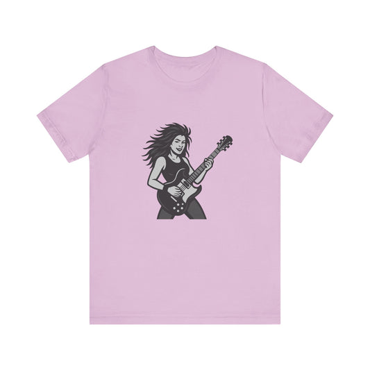 Rock Guitar Girl Graphic T-Shirt – Dark Theme Grayscale Electric Guitarist Design on Black Tee with Music Attitude and Modern Ghost Effect. Unisex Jersey Short Sleeve Tee