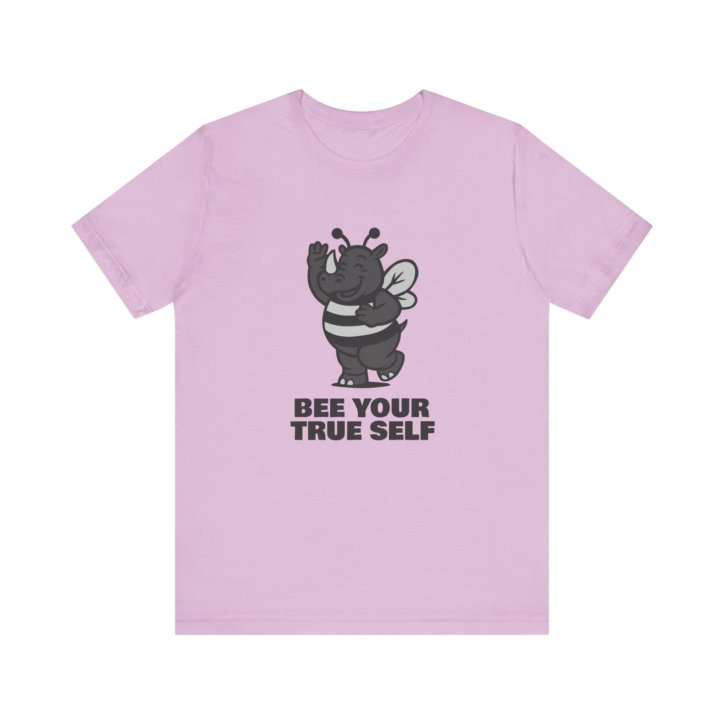 Bee Your True Self T-Shirt – Dark Theme Grayscale Rhino in Bee Costume on Black Tee with Wholesome Humor and Self-Expression Message. Unisex Jersey Short Sleeve Tee