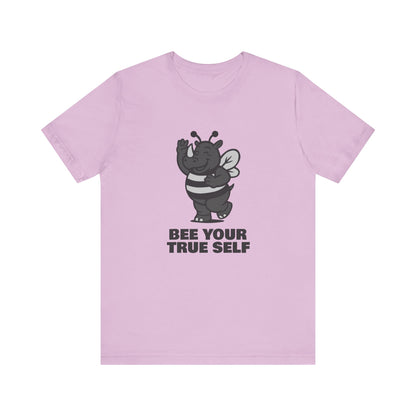 Bee Your True Self T-Shirt – Dark Theme Grayscale Rhino in Bee Costume on Black Tee with Wholesome Humor and Self-Expression Message. Unisex Jersey Short Sleeve Tee