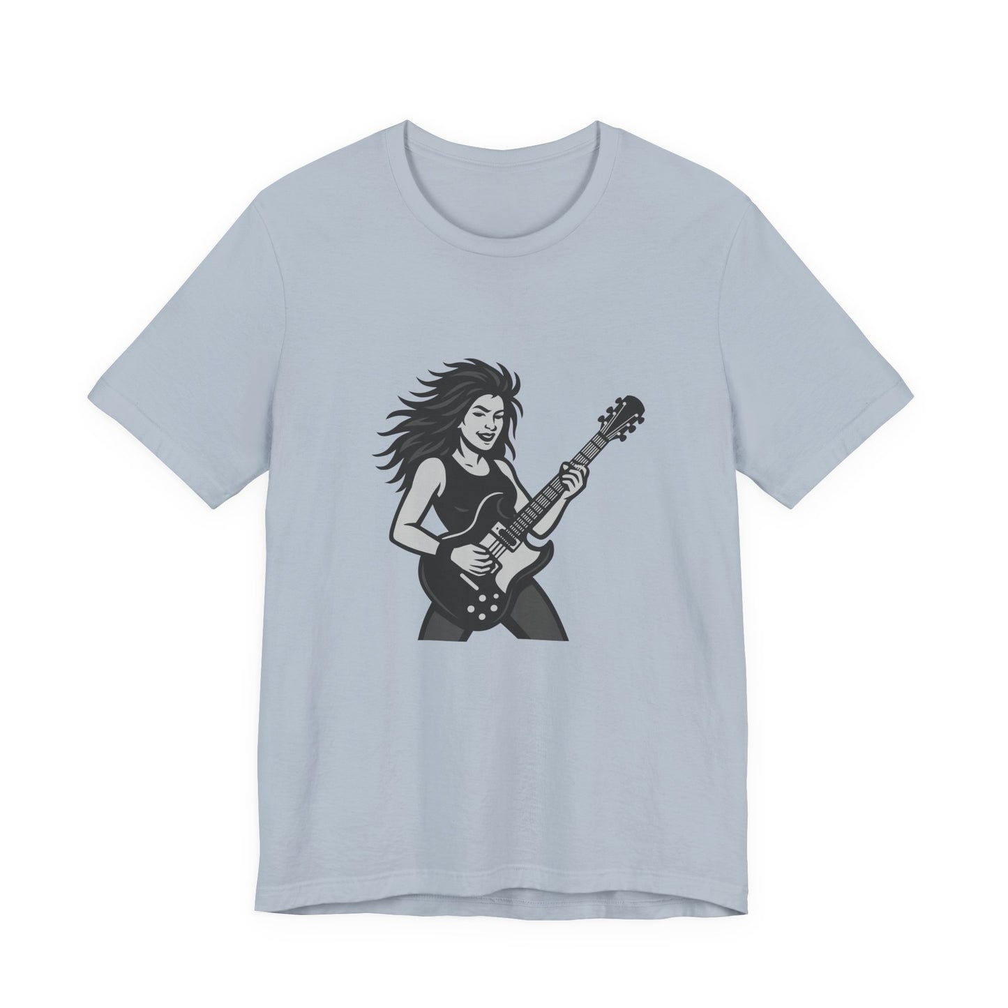 Rock Guitar Girl Graphic T-Shirt – Dark Theme Grayscale Electric Guitarist Design on Black Tee with Music Attitude and Modern Ghost Effect. Unisex Jersey Short Sleeve Tee