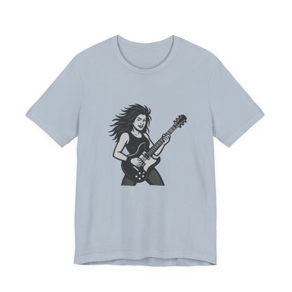 Rock Guitar Girl Graphic T-Shirt – Dark Theme Grayscale Electric Guitarist Design on Black Tee with Music Attitude and Modern Ghost Effect. Unisex Jersey Short Sleeve Tee