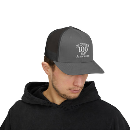 Just Under 100 Golf Trucker Hat – Embroidered Funny Golf Hat for Weekend Golfers and Casual Fairway Vibes. White Letters