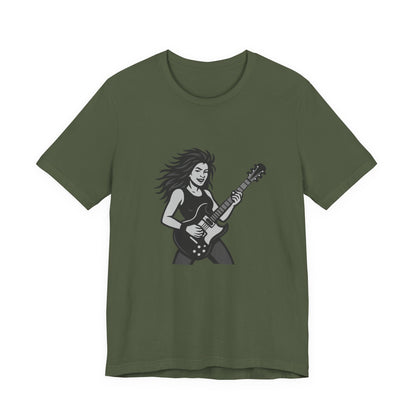 Rock Guitar Girl Graphic T-Shirt – Dark Theme Grayscale Electric Guitarist Design on Black Tee with Music Attitude and Modern Ghost Effect. Unisex Jersey Short Sleeve Tee