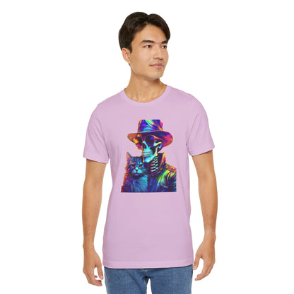 Cool Skeleton and Cat Halloween Shirt – Neon Retro Horror Graphic Tee for Spooky Style and Cat Lovers