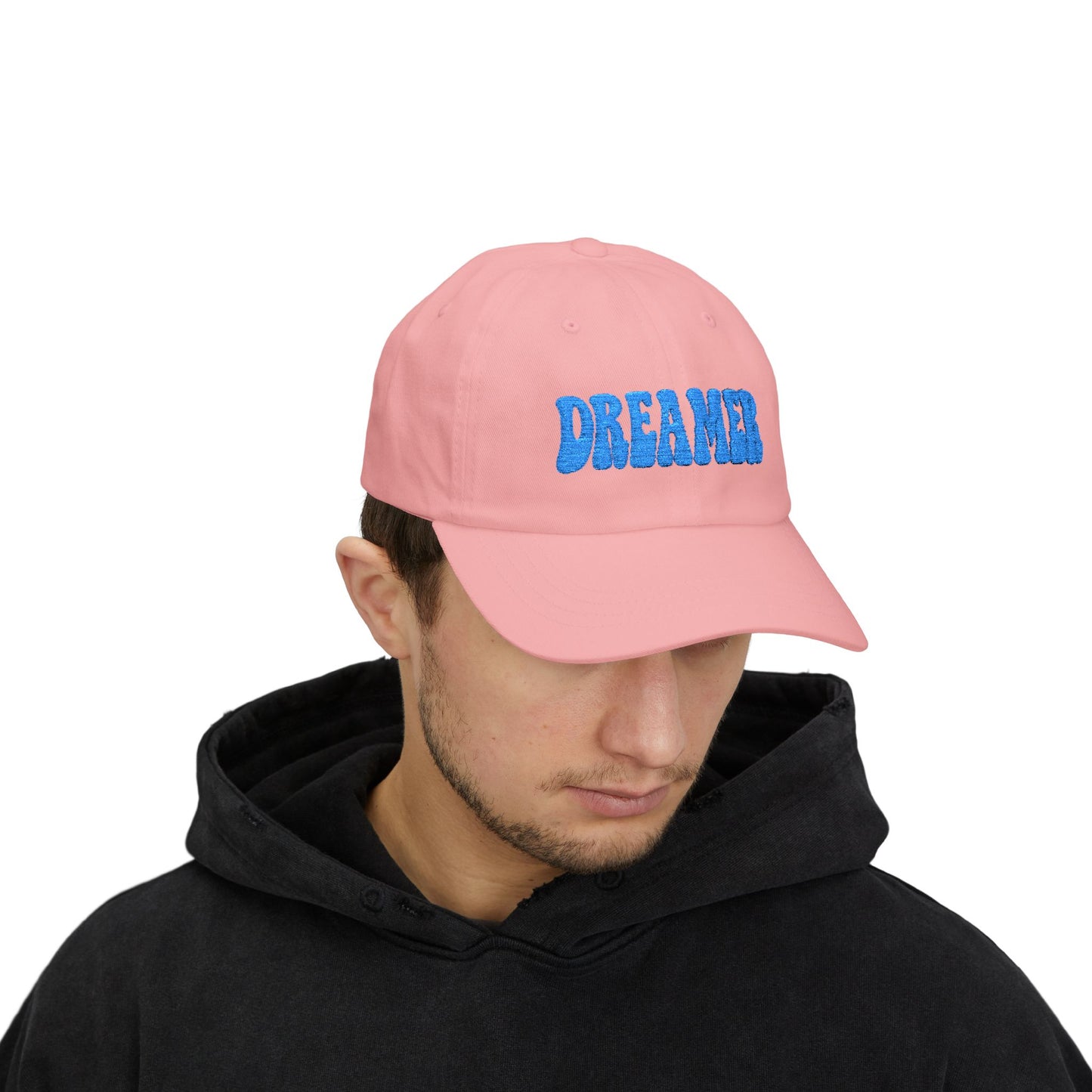 Dreamer Classic Dad Hat – Embroidered Minimalist Script Hat for Visionaries, Creatives, and Chill Daydreamers. Blue Letters