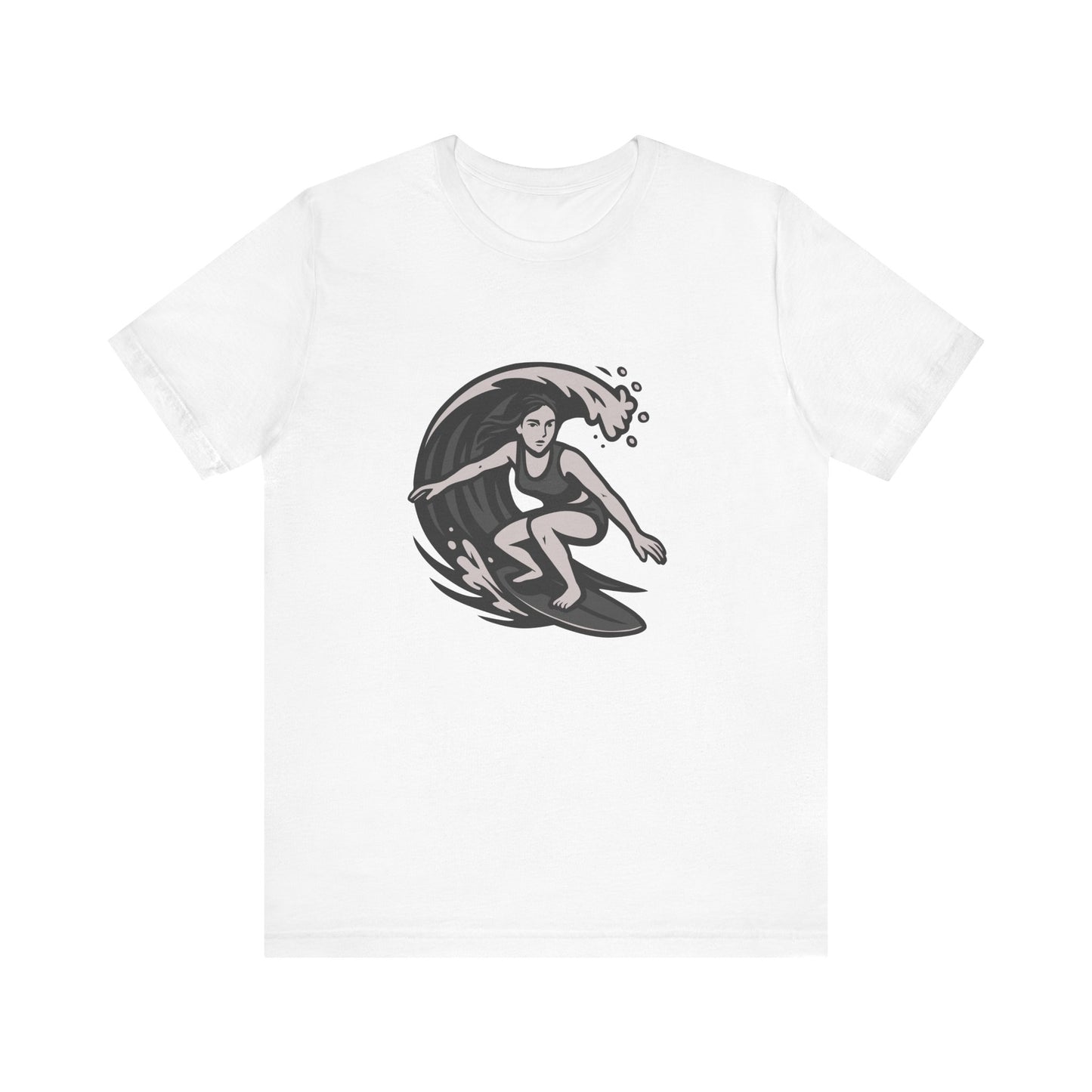 Surf Girl Graphic T-Shirt – Dark Theme Grayscale Female Surfer Riding Wave on Black Tee with Flow State Energy and Modern Ghost Effect. Unisex Jersey Short Sleeve Tee