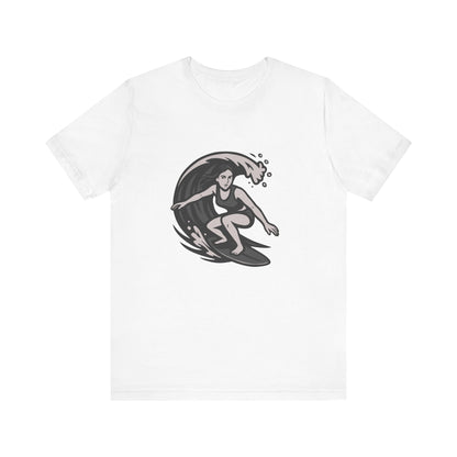 Surf Girl Graphic T-Shirt – Dark Theme Grayscale Female Surfer Riding Wave on Black Tee with Flow State Energy and Modern Ghost Effect. Unisex Jersey Short Sleeve Tee