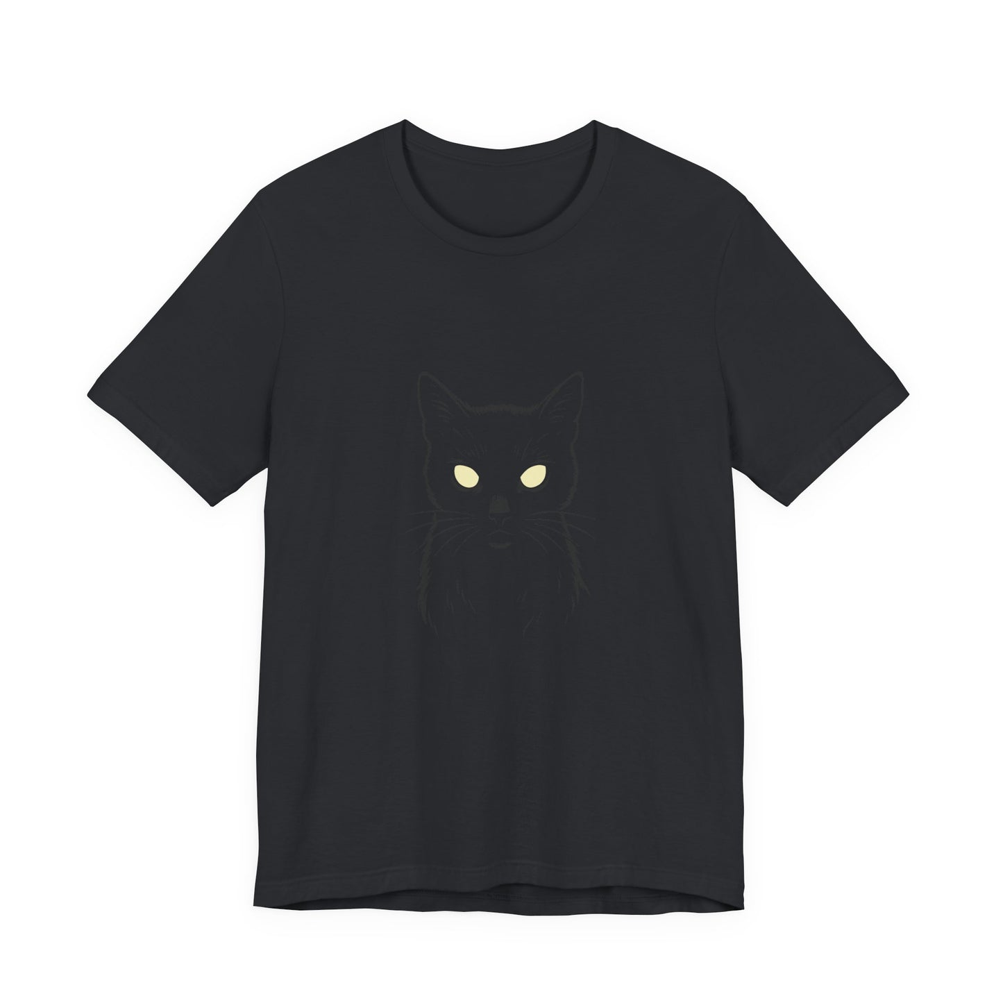 Ghost Cat Eyes Tee – Dark Theme Black Cat Outline with Transparent Face and Glowing Stare. Unisex Jersey Short Sleeve Tee