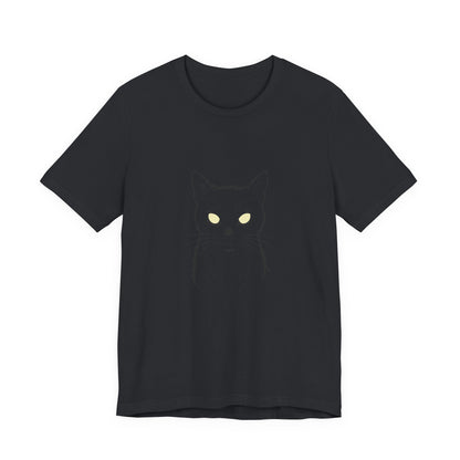 Ghost Cat Eyes Tee – Dark Theme Black Cat Outline with Transparent Face and Glowing Stare. Unisex Jersey Short Sleeve Tee