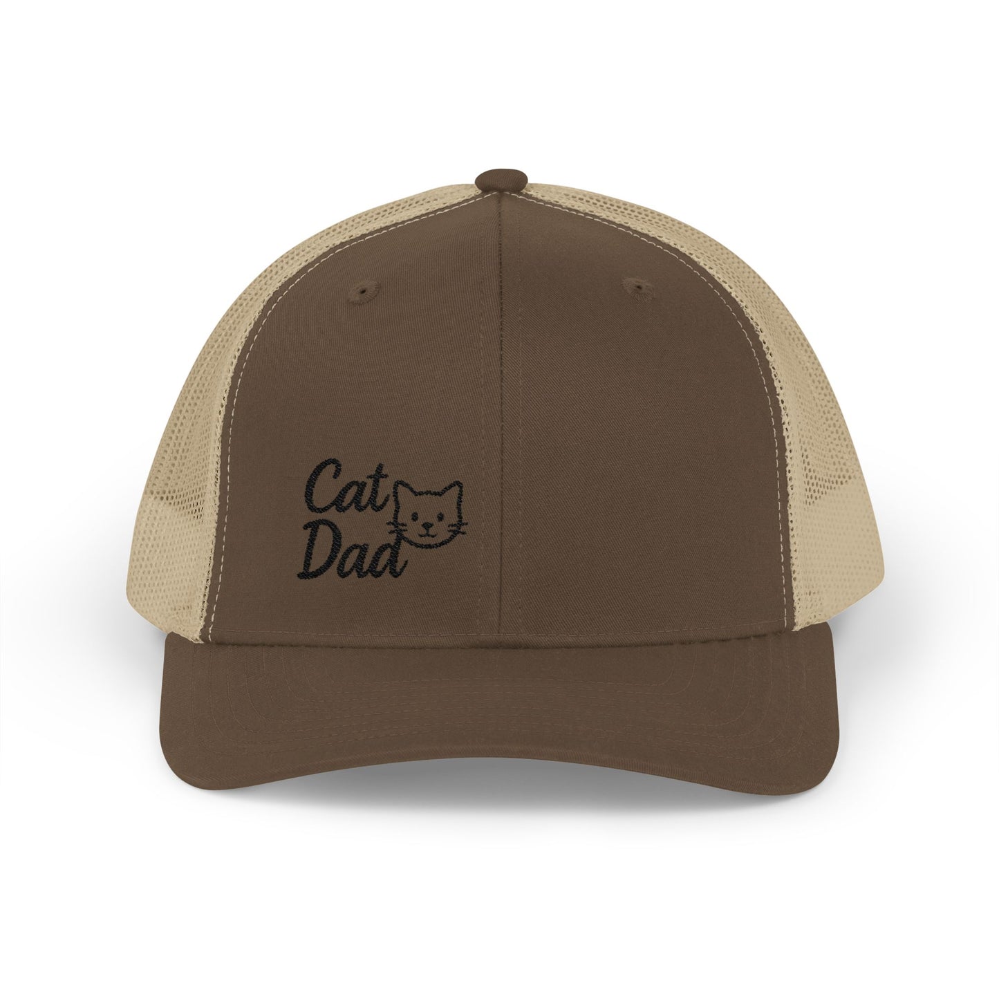 Cat Dad Trucker Hat – Embroidered Minimalist Cat Face Hat for Proud Pet Dads and Feline Fans. Black Letters
