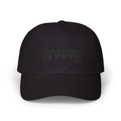 Groovy Classic Dad Hat – Retro Embroidered Hat with 70s Style Font for Funky Vibes, Chill Days, and Vintage Cool. Black Letters