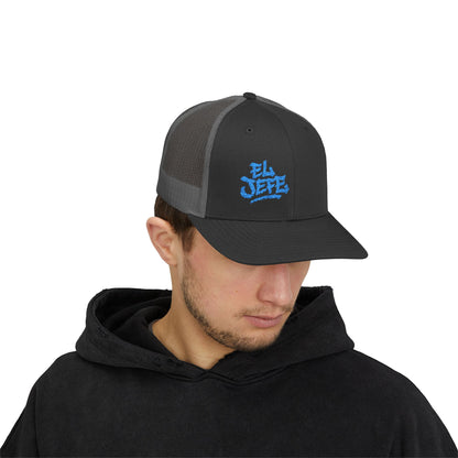 El Jefe Trucker Hat – Embroidered Bold Text Hat for Boss Energy, Leadership Style, and Latin Flair. Blue Letters