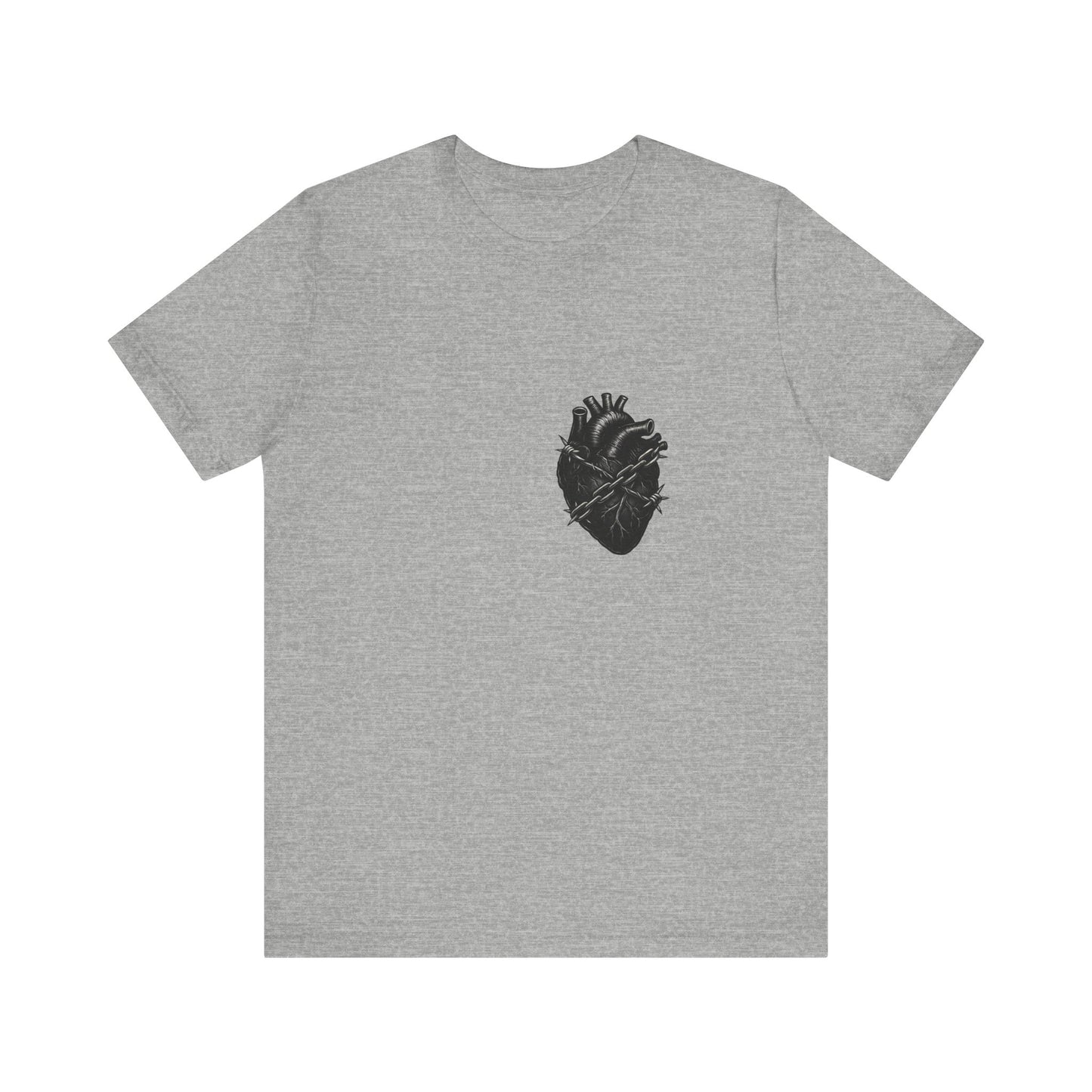 Heart in Chains Shirt – Dark Theme Anatomical Heart Wrapped in Barbed Wire and Commitment Issues. Unisex Jersey Short Sleeve Tee