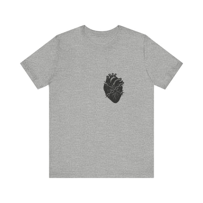 Heart in Chains Shirt – Dark Theme Anatomical Heart Wrapped in Barbed Wire and Commitment Issues. Unisex Jersey Short Sleeve Tee