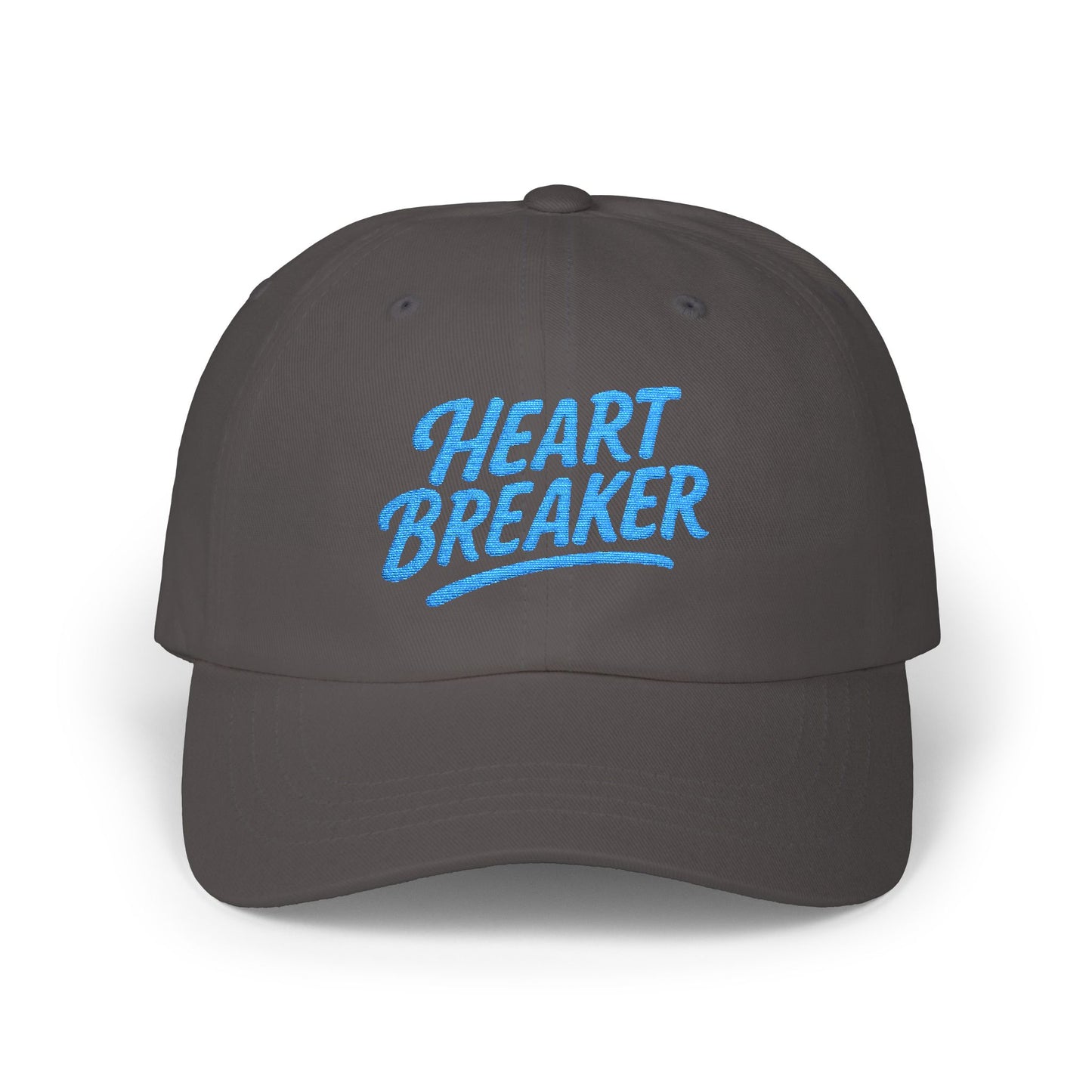 Heartbreaker Embroidered Classic Dad Hat – Bold Baseball Hat with Retro Script and Broken Heart Design for Confident Rule-Breakers. Blue Letters