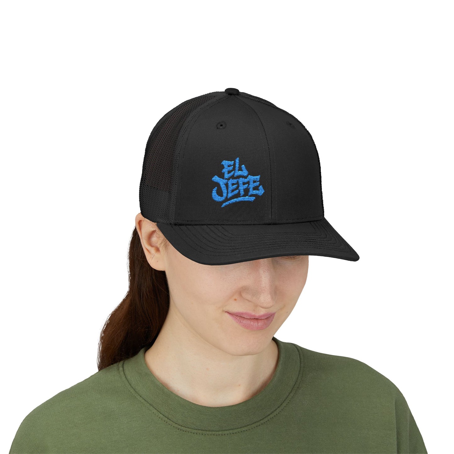 El Jefe Trucker Hat – Embroidered Bold Text Hat for Boss Energy, Leadership Style, and Latin Flair. Blue Letters