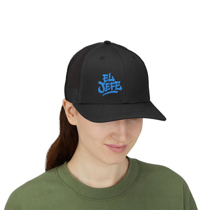 El Jefe Trucker Hat – Embroidered Bold Text Hat for Boss Energy, Leadership Style, and Latin Flair. Blue Letters