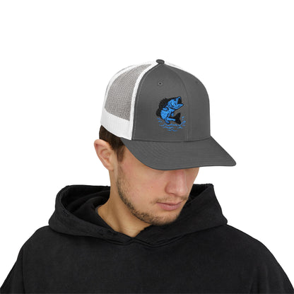 Jumping Fish Trucker Hat – Embroidered Blue Fishing Hat for Anglers, Lake Days, and Outdoor Style