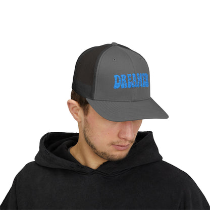 Dreamer Trucker Hat – Embroidered Minimalist Script Hat for Visionaries, Creatives, and Chill Daydreamers. Blue Letters
