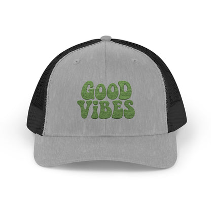 Good Vibes Trucker Hat – Embroidered Retro Text Hat for Positive Vibes, Chill Style, and Everyday Feel-Good Energy. Green Letters