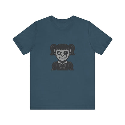 Scary Doll Graphic T-Shirt – Dark Theme Grayscale Creepy Cute Girl Design on Black Tee with Haunted Vibes and Modern Ghost Effect. Unisex Jersey Short Sleeve Tee