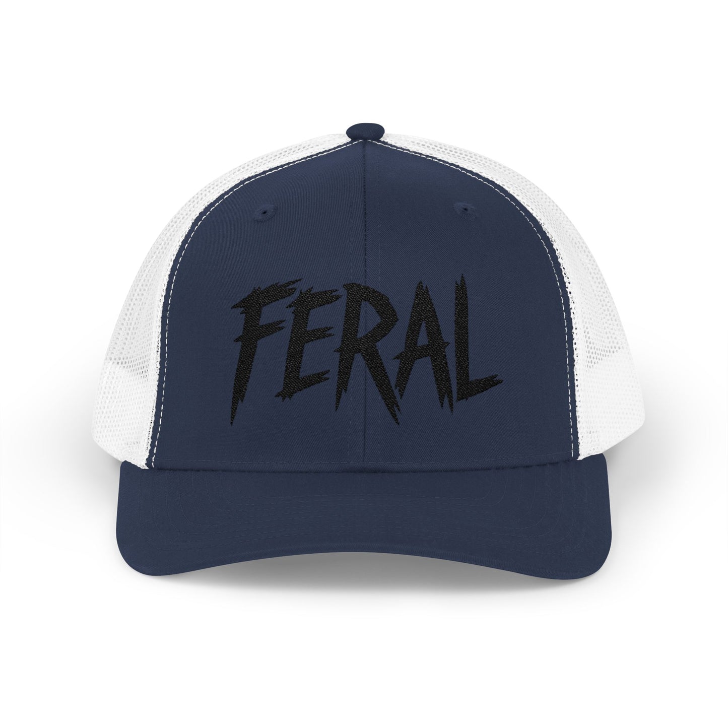 FERAL Embroidered Trucker Hat – Bold Statement Baseball Hat with Wild Energy Font for Rebels, Misfits, and Chaos Enthusiasts