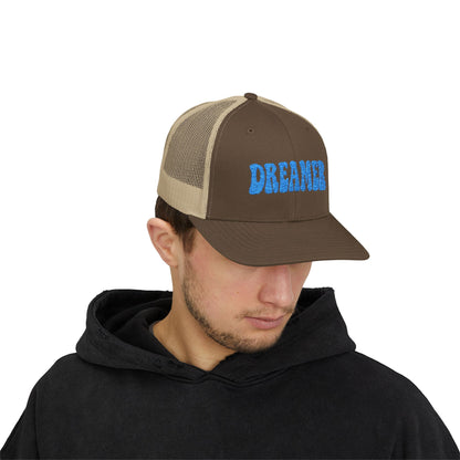 Dreamer Trucker Hat – Embroidered Minimalist Script Hat for Visionaries, Creatives, and Chill Daydreamers. Blue Letters