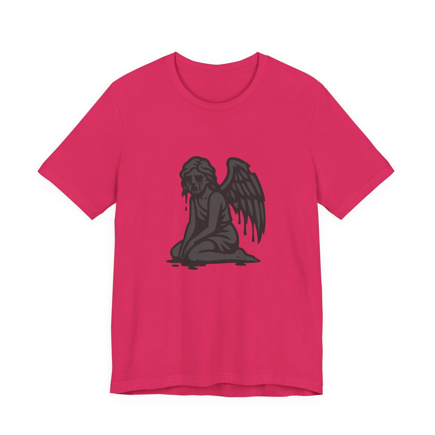 Fallen Angel Dark Theme Graphic T-Shirt – Dark Grayscale Crying Angel Design on Black Tee with Gothic Mood and Modern Ghost Effect. Unisex Jersey Short Sleeve Tee