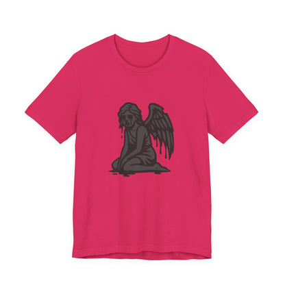 Fallen Angel Dark Theme Graphic T-Shirt – Dark Grayscale Crying Angel Design on Black Tee with Gothic Mood and Modern Ghost Effect. Unisex Jersey Short Sleeve Tee