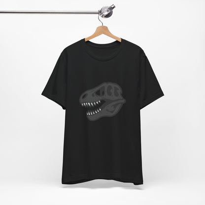 T-Rex Skull Graphic T-Shirt – Dark Theme Grayscale Dinosaur Skeleton Design on Black Tee with Prehistoric Edge and Modern Ghost Effect. Unisex Jersey Short Sleeve Tee
