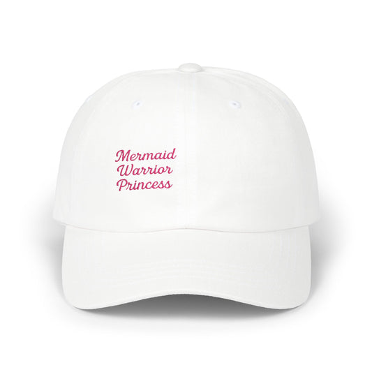 Mermaid Warrior Princess Embroidered Classic Dad Hat – Bold Text Hat for Ocean Queens, Fantasy Fans, and Fierce Beach Style. Pink Letters