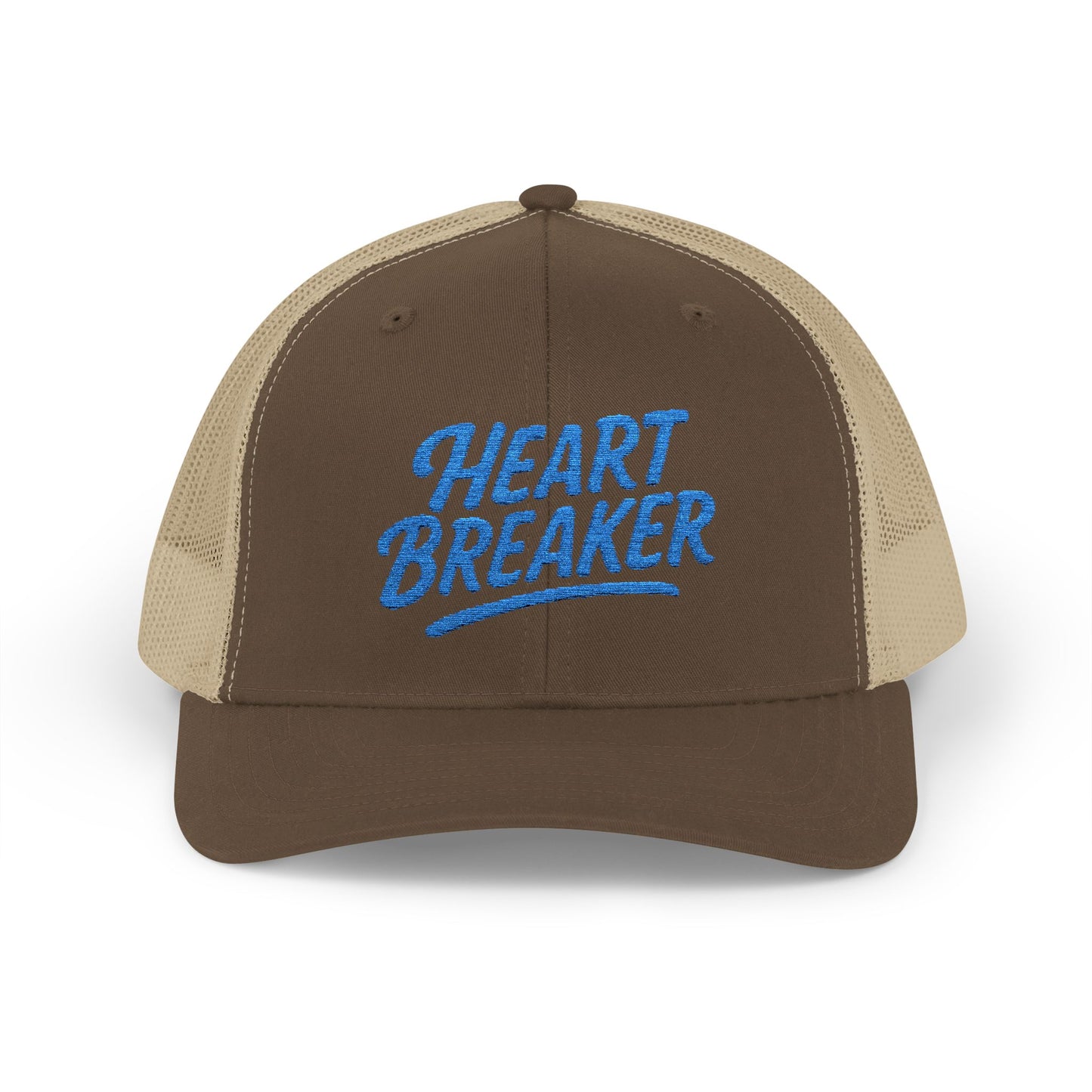 Heartbreaker Trucker Hat – Bold Baseball Hat with Retro Script and Broken Heart Design for Confident Rule-Breakers. Blue Letters