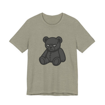 Angry Teddy Bear Graphic T-Shirt – Dark Theme Grayscale Plush with Attitude on Black Tee for Edgy or Ironic Style. Unisex Jersey Short Sleeve Tee