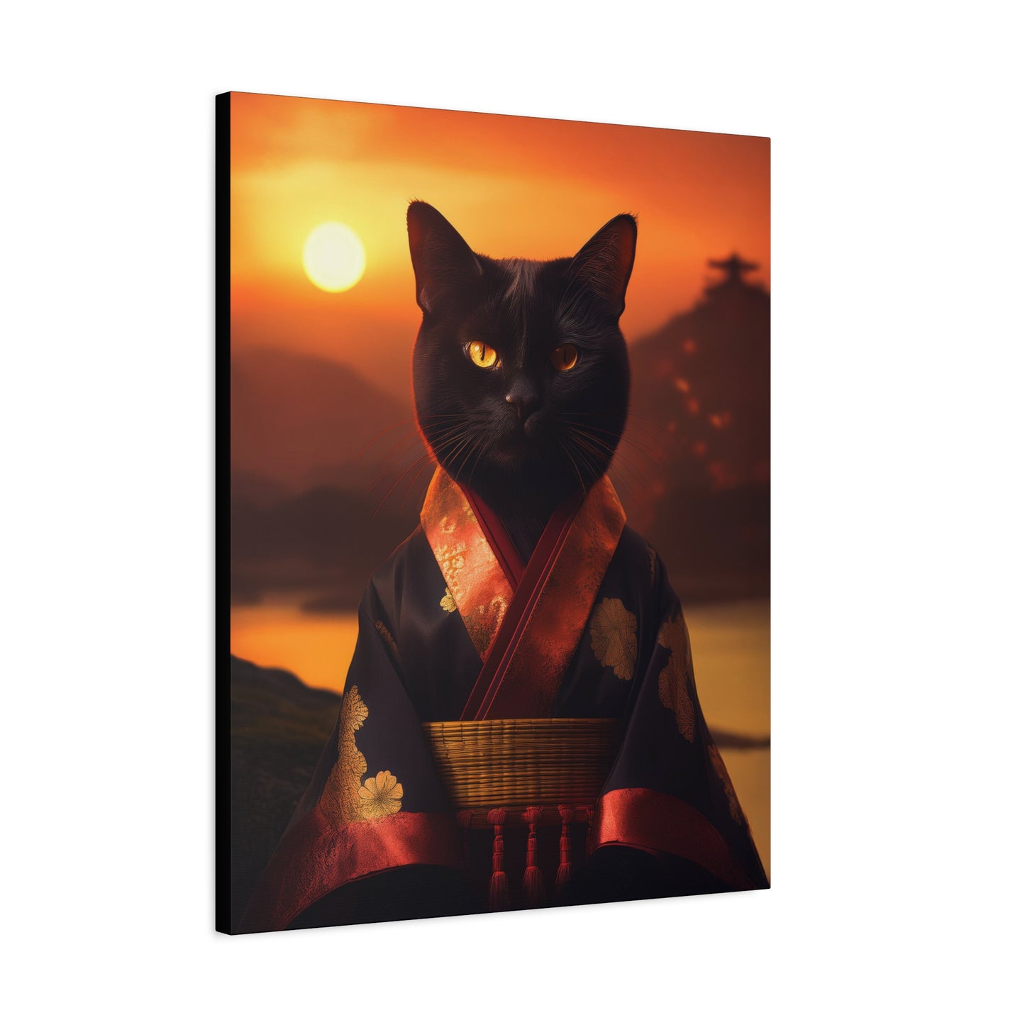 Zen Whiskers: Geisha Cat at Sunset Canvas Art | Stretched Matte Wall Decor 002