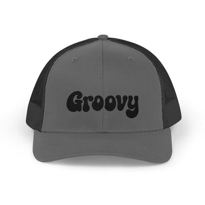 Groovy Trucker Hat – Retro Embroidered Hat with 70s Style Font for Funky Vibes, Chill Days, and Vintage Cool. Black Letters