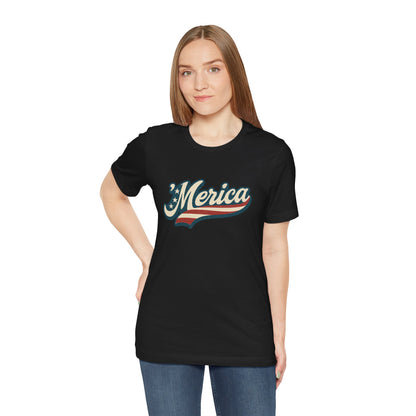 'Merica Vintage Script Shirt – Patriotic Retro USA Tee for 4th of July – Independence Day American Pride Design. Unisex Jersey Short Sleeve Tee